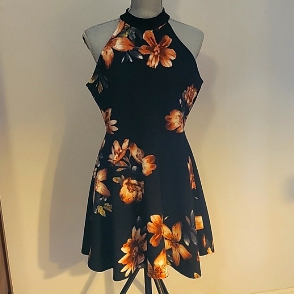 MINE Women's Black & Brown Floral Halter Sleeveless Dress, Size: XL